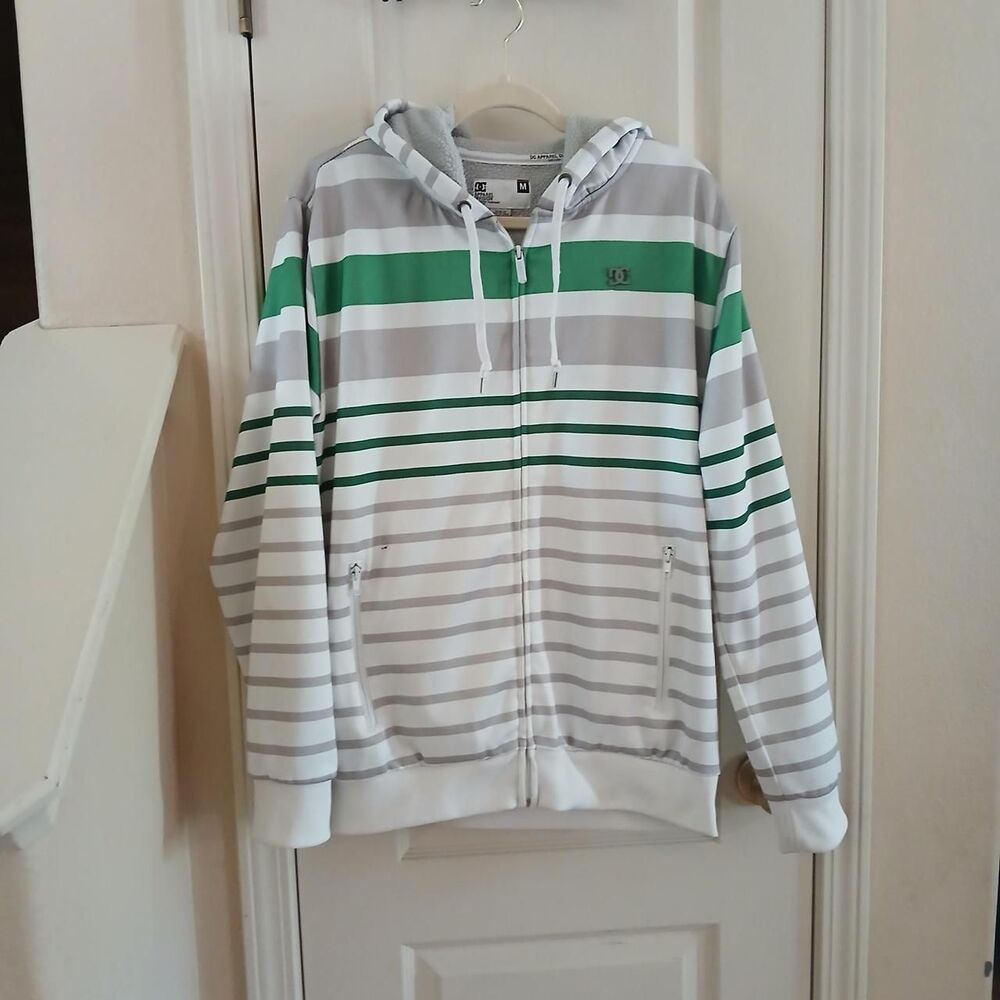 Y2K Vintage DC Shoes Full Zip Sherpa Lined White/Green/Gray Striped Hoodie M
